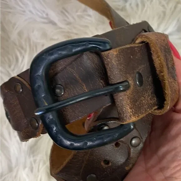 Red Mens Brown  Leather Studded Adjustable with Buckle Western Belt Brown XXL - Picture 3 of 7